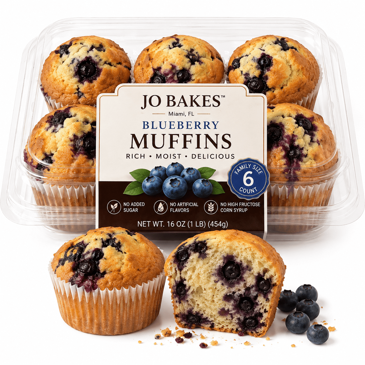 Blueberry Muffins 14oz Family Size 6 Count – Soft & Moist Bakery Style - JO BAKES
