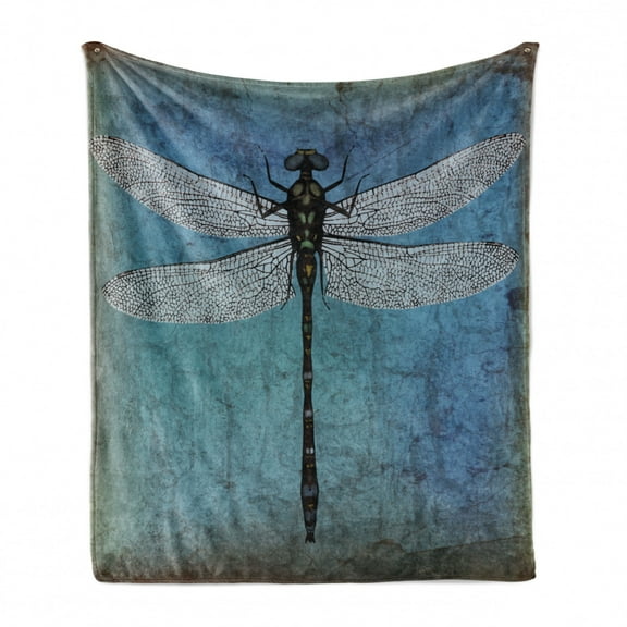 Dragonfly Soft Flannel Fleece Throw Blanket, Grunge Vintage Old Backdrop and Dragonfly Bug Ombre Image, Cozy Plush for Indoor and Outdoor Use, 70" x 90", Turquoise Dark Blue, by Ambesonne