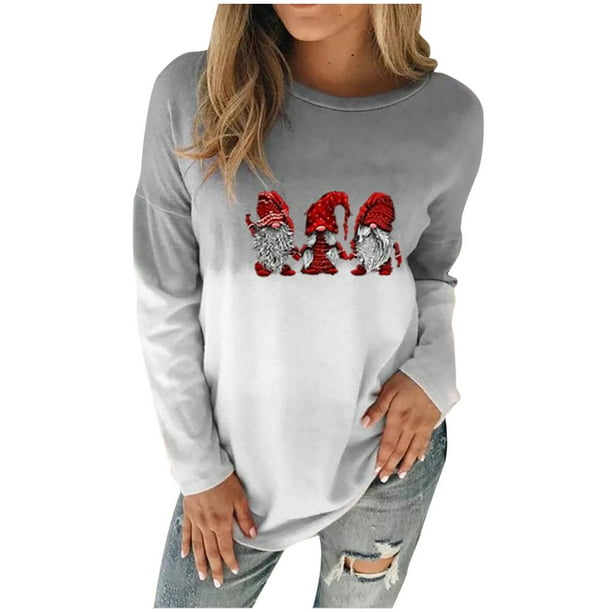 Camisas Navideñas Para Mujer Tops de Manga Larga Estampado O-Cuello Blusa Suelta Sudor Degradado Odeerbi ODB205248