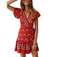 thumbnail image 1 of V Neck Summer Mini Dress Bohemian Floral Printed Beach Dress For Vacation Party, 1 of 5
