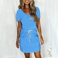 thumbnail image 2 of Bowake Robes d'Été pour Femmes Col en V Manches Courtes Cordon Décontracté Couleur Unie Robe Mini Ample avec Poches, 2 of 5