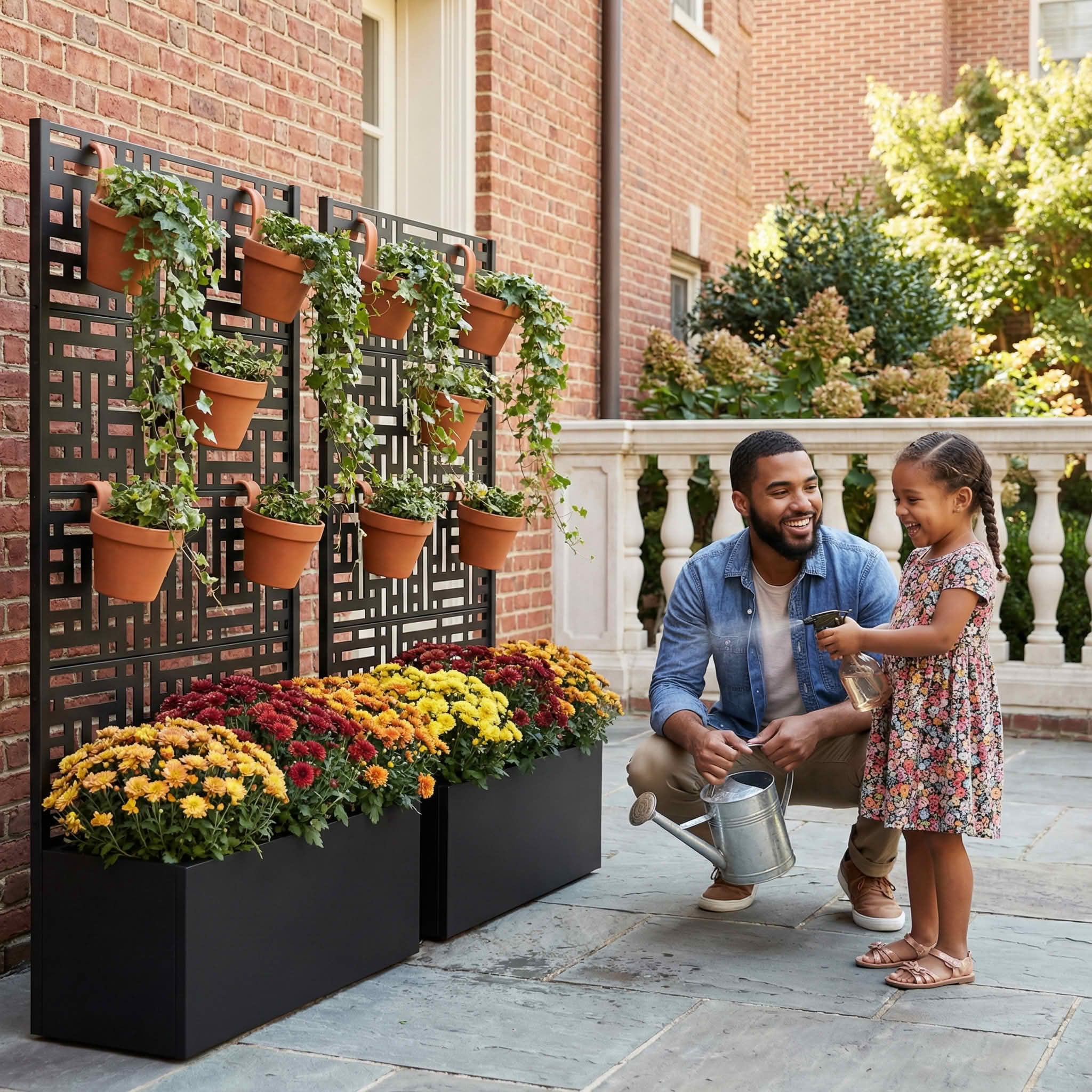 MAYEERTY 59X30" Metal Outdoor Black Privacy Screen with Planter Box for Backyard & Garden, 4 Piece Set, Double‑sided Installation