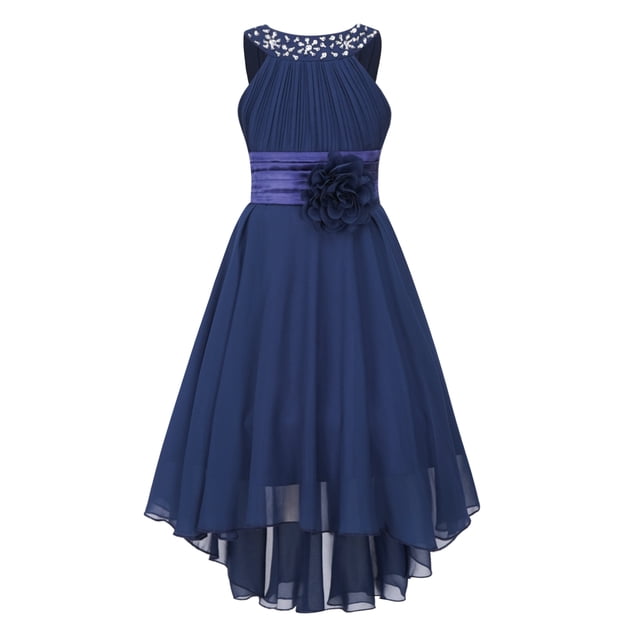 Raenseen Robe de Fête Sans Manches pour Filles, Fleur Ornée, Robe de Mariage Formelle Brillante, Bleu Marine 10