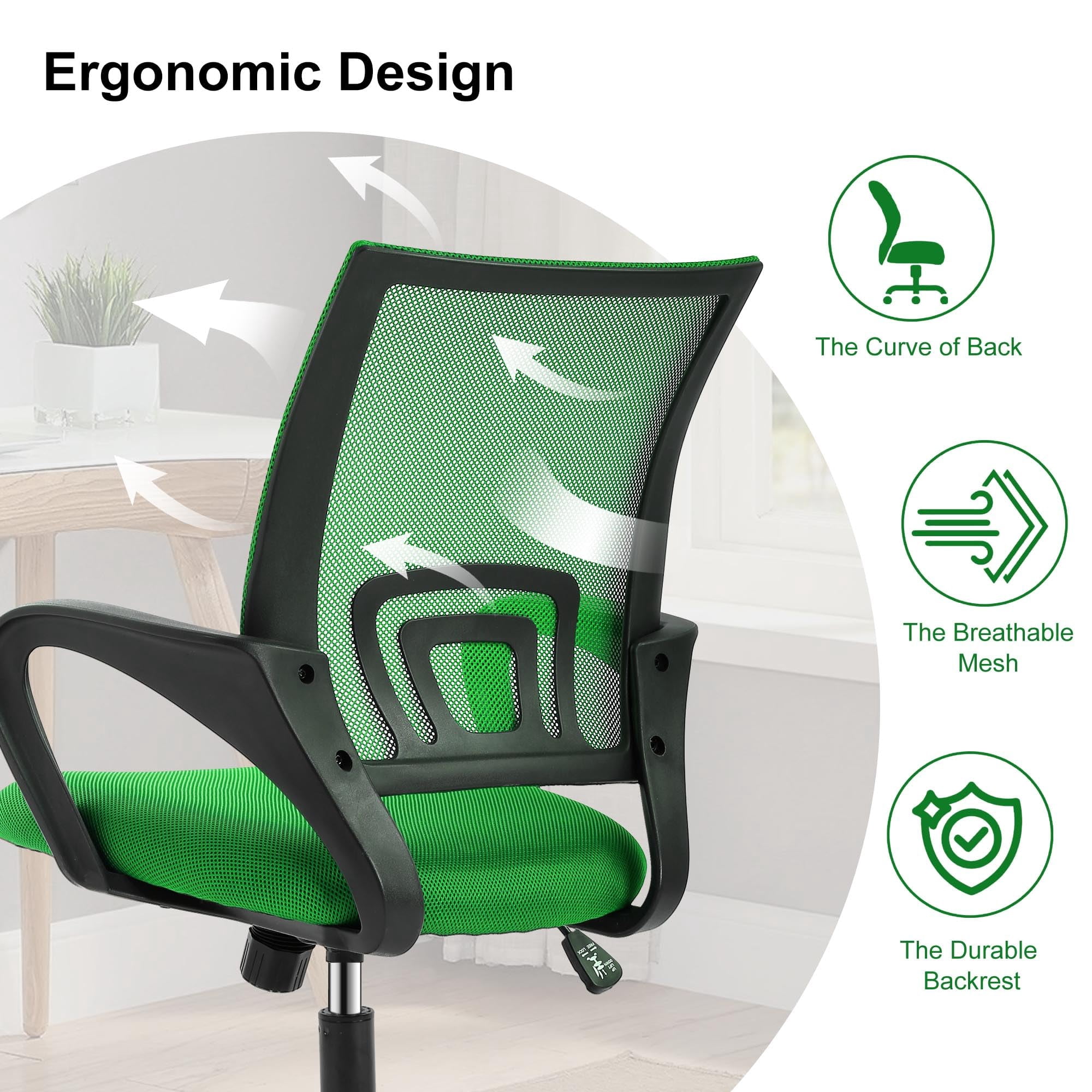 CL.HPAHKL Ergonomic Desk Chair, Mid-Back Mesh Office Chair with Wheels, Rolling Swivel Computer Task Chair for Home Office, Fixed Armrests, Tilt & Height Adjustable, Green