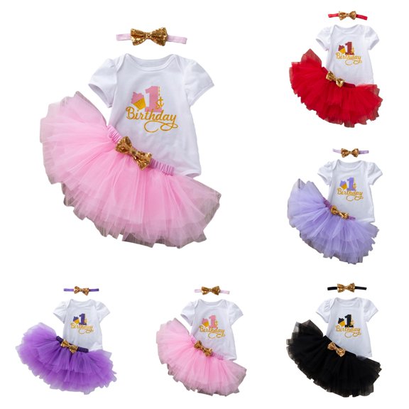 HCYSFG Girls 1st Birthday Outfit Sets 3 Piece Crewneck Short Sleeve T Shirt Tutu Skirt And Bow Headband Party Clothing Sets Bow Detail Matching Sets