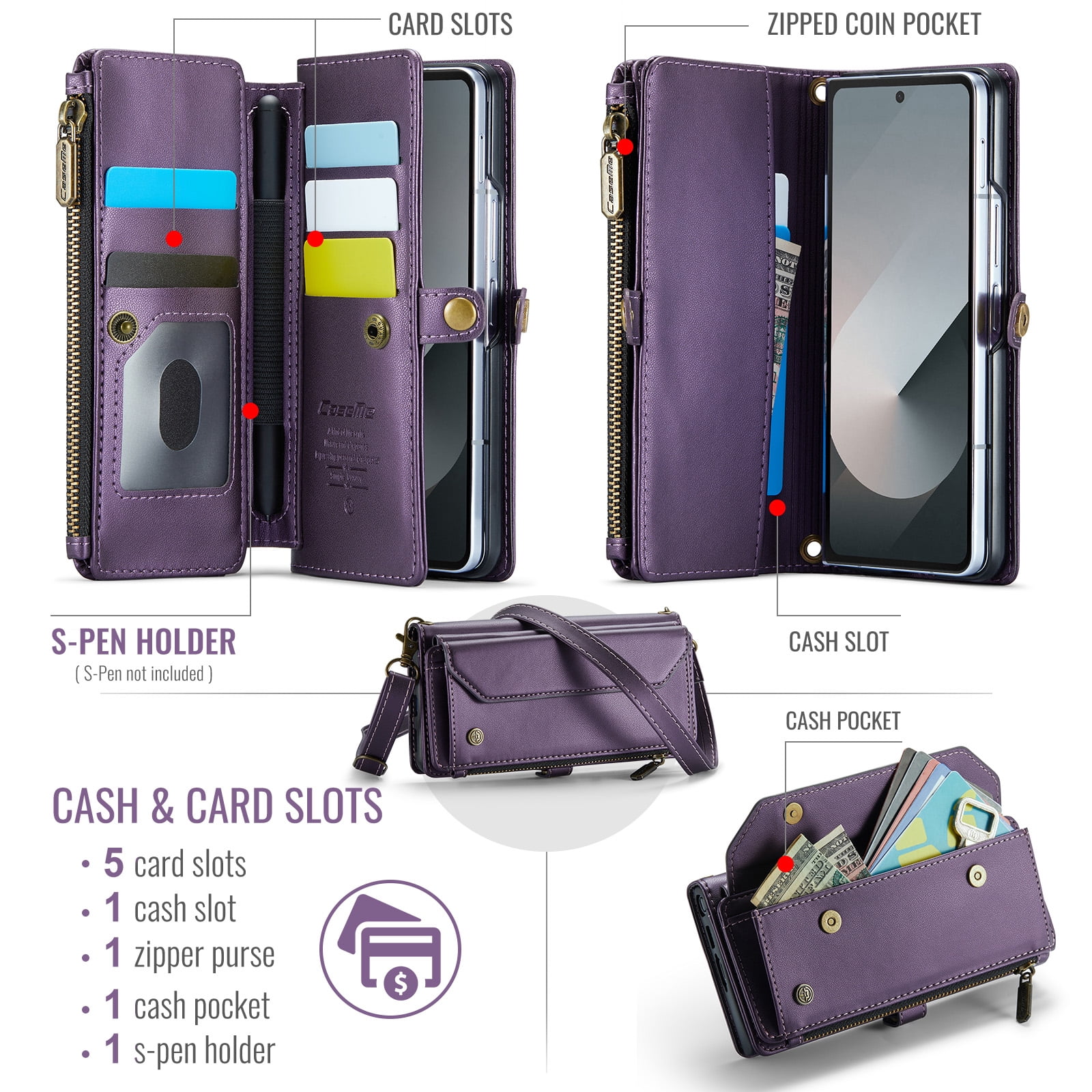 Allytechgroup Crossybody Purse Wallet Case for Samsung Galaxy Z Fold 4, RFID Blocking Zipper Pocket Shoulder Strap Hand Wrist Flip Shockproof Phone Case for Girls Women, Purple