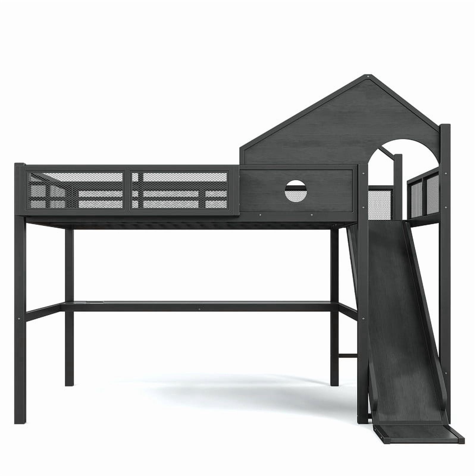 Full Size House Shaped Kids Loft Bed with Slide, Teens Metal Bed Frame with LED Lights, Desk, Power Outlet & Storage Shelf