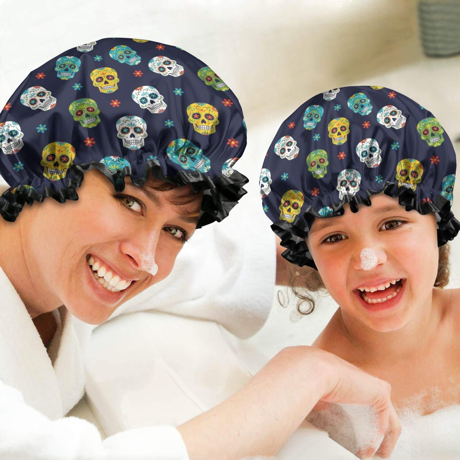 Shower Caps,Navy Colorful Skull Pattern Waterproof Shower Cap for Women 4 Pieces,Double Reusable Hair Cover for Shower PEVA Elastic Stretch Hem