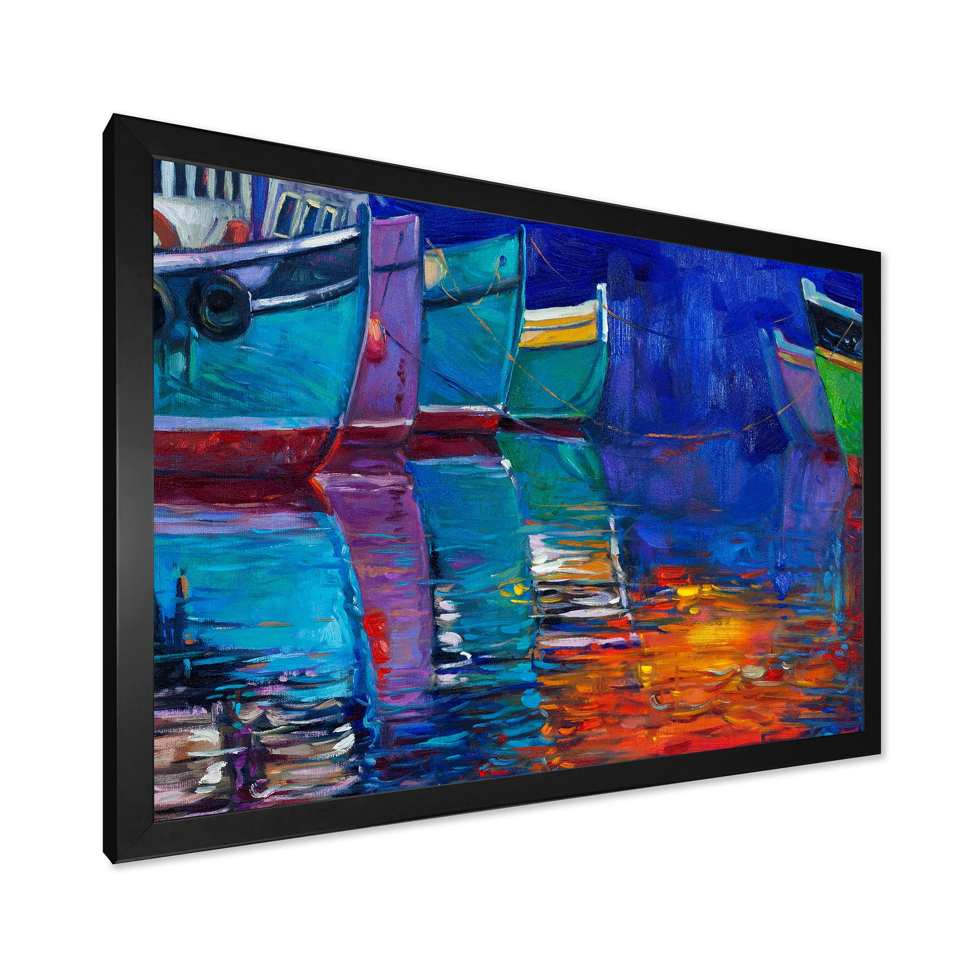 Boats During Warm Sunset Resting On The Water I 20 in x 12 in Framed Painting Canvas Art Print, by Designart