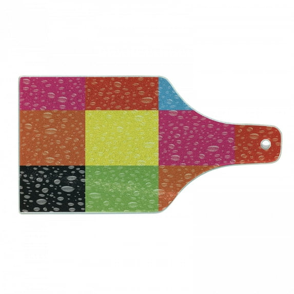 Colorful Cutting Board, Vivid Geometrical Themed Continuous Pattern with Raindrops on Abstract Squares, Decorative Tempered Glass Cutting and Serving Board, in 3 Sizes, by Ambesonne