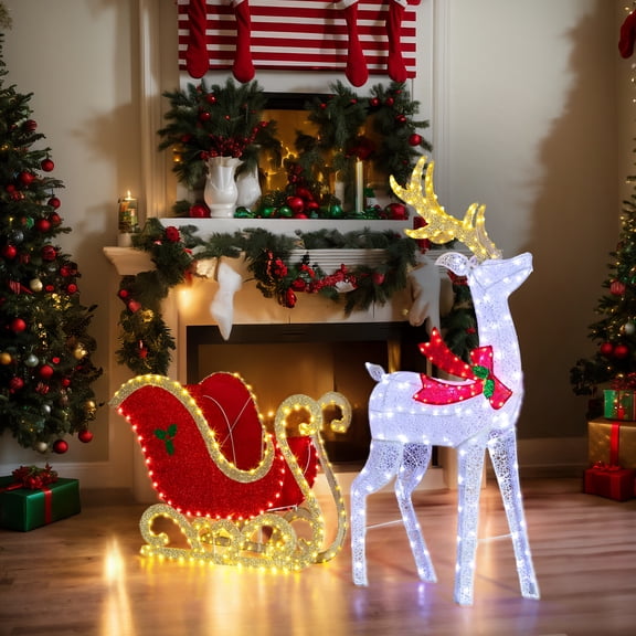 EasingRoom 5FT LED Reindeer and Sleigh Set, Outdoor Christmas Yard Decoration with Light Display
