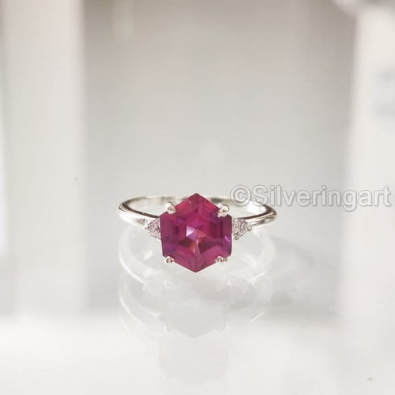 Pink Alexandrite Ring, 925 Sterling Silver, Women Ring, Hexagon Natural Alexandrite, June Birthstone, Christmas, Tiny Dainty Ring, CZ Ring, Handmade, Statement Jewelry, Wedding, Anniversary Gift