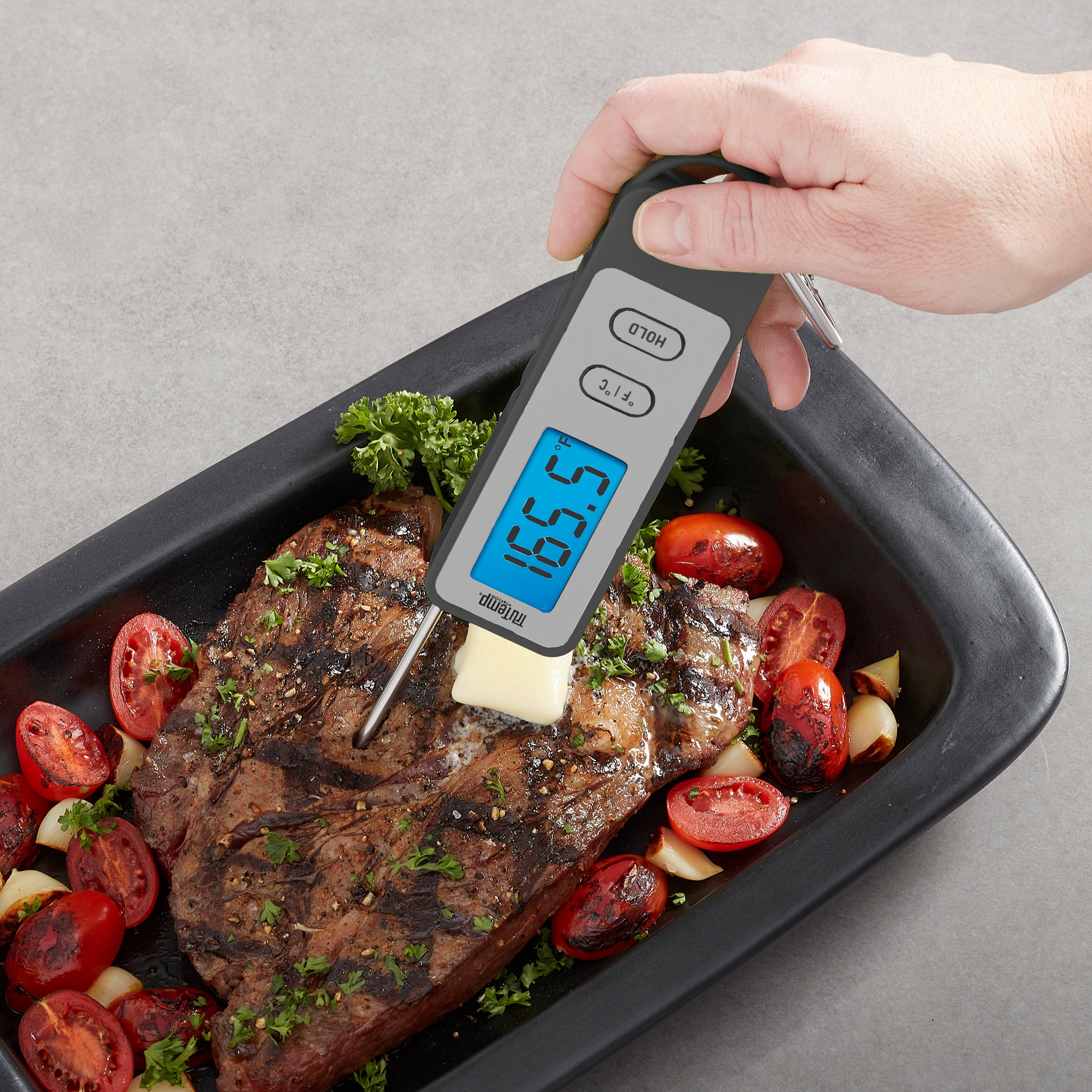 TruTemp Compact Battery Powered Digital Folding Meat Thermometer with Carabiner Clip, Gray