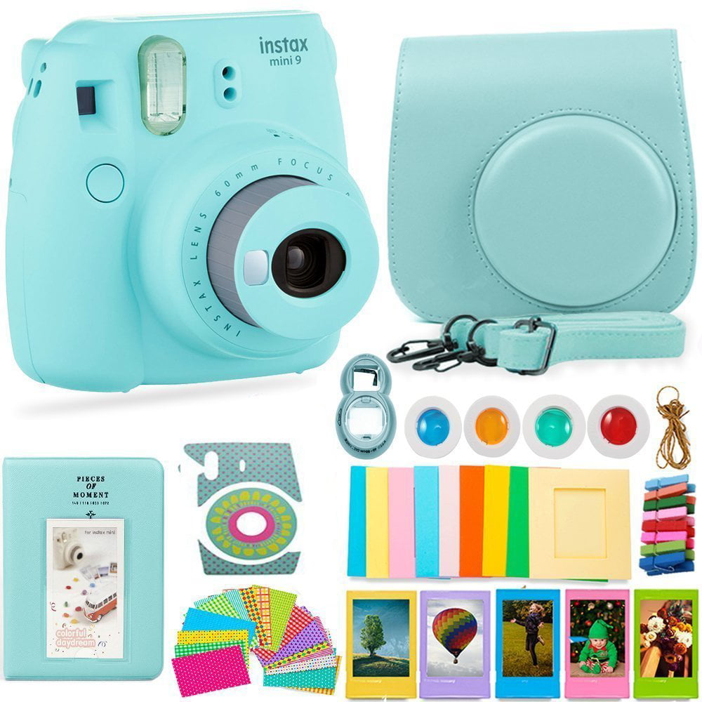 FujiFilm Instax Mini 9 Camera and Bundle - Camera, Carrying Case, Color Filters, Photo Album, Stickers, Selfie Lens + MORE (Ice Blue)) - Walmart.com