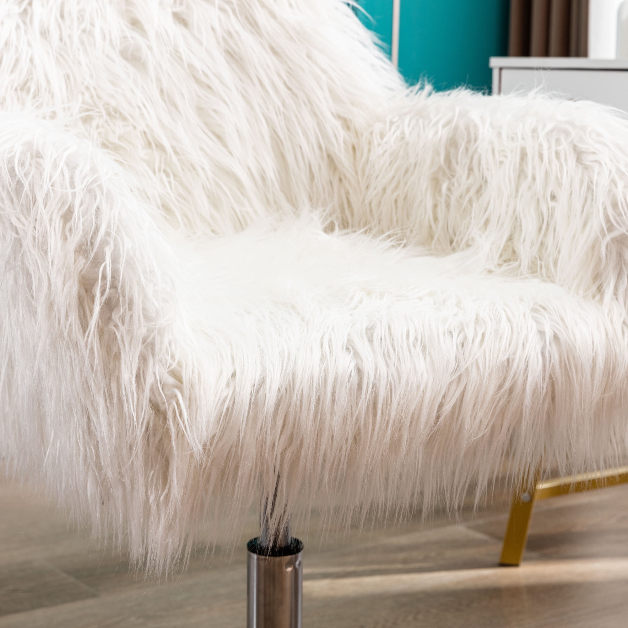 KCC Fluffy Office Desk Chair, Faux Fur Modern Swivel Armchair with Wheels, Soft Comfy Fuzzy Elegant Accent Makeup Vanity Chairs for Women Girls, Home Living Dressing Room Bedroom, White