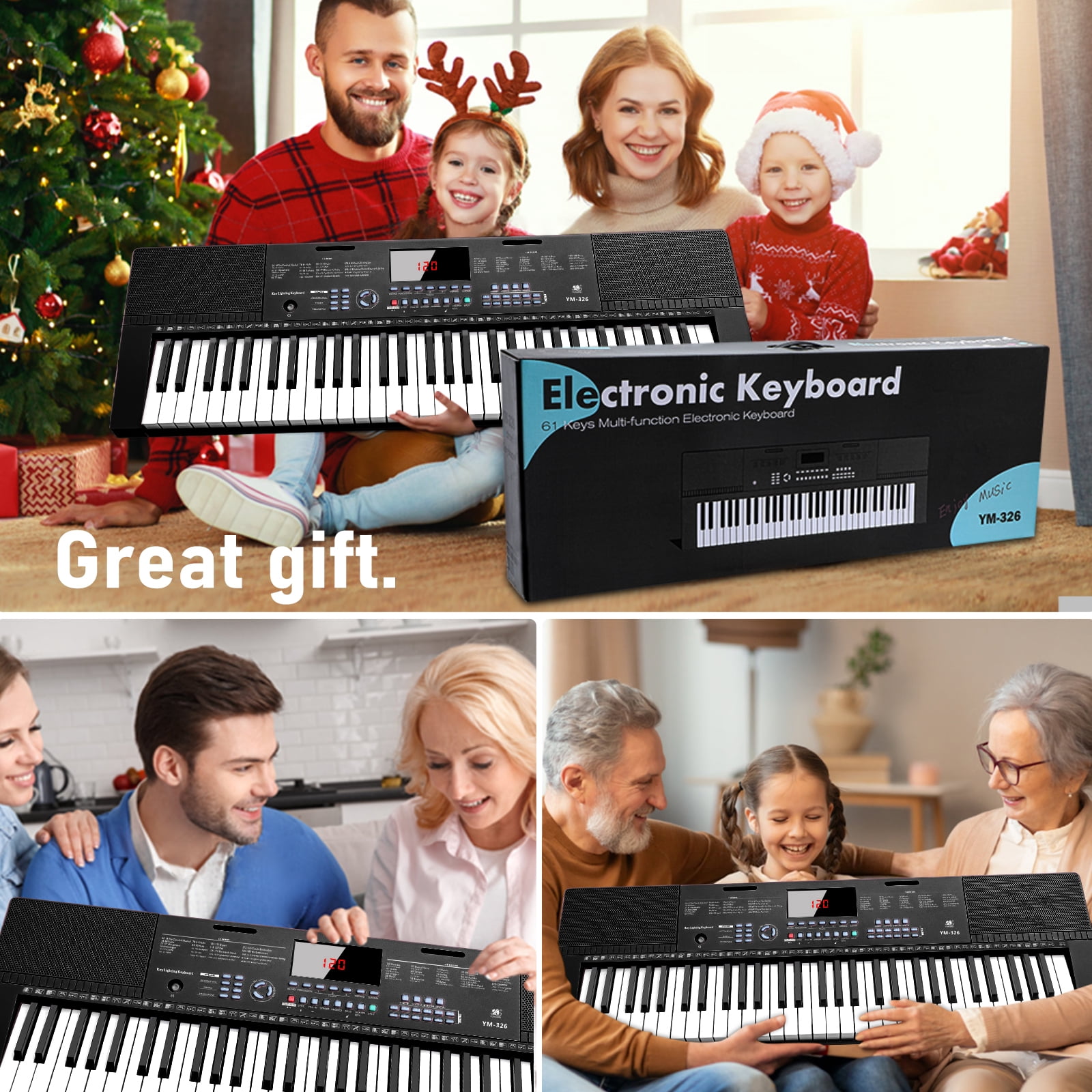 Hairycotar Upgraded 61-Key Piano Keyboard Set with Sheet Music Stand, Microphone, Auto Accompaniment, Metronome, Beginner Gift, Black
