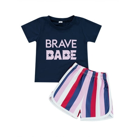 

Two Piece Girls Clothes Set Letter Printed Short Sleeve T-shirt and Stripe Short Pants 4th of July Outfits