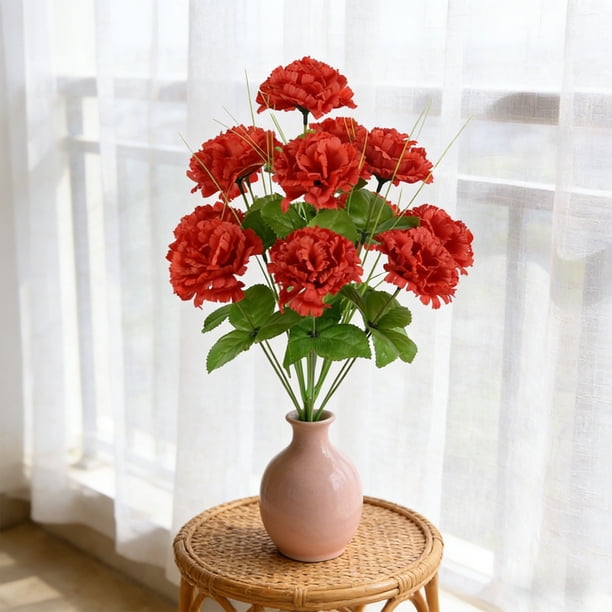 Decoración De Simulación De Tela Ramo de 12 claveles artificiales de tela roja para decoración de bodas,centros de mesa y decoración de oficinas en el hogar (1 pieza). Rkxzt