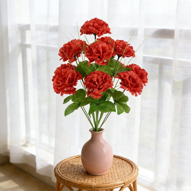 Decoración De Simulación De Tela Ramo de 12 claveles artificiales de tela roja para decoración de bodas,centros de mesa y decoración de oficinas en el hogar (1 pieza). Rkxzt