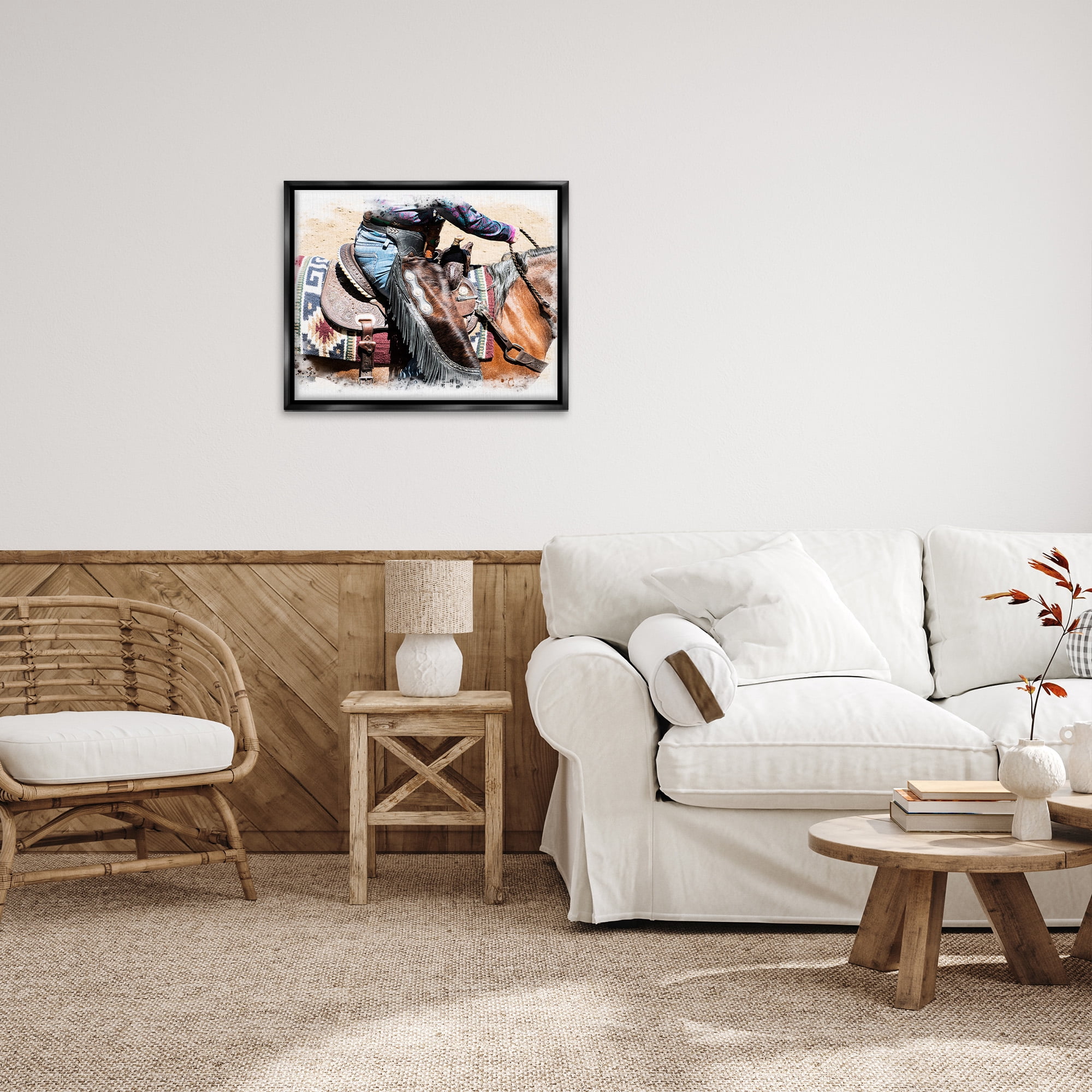 Stupell Industries Western Cowboy on Saddle Animals & Insects Painting Black Floater Framed Canvas Art Print Wall Art, 31 x 25