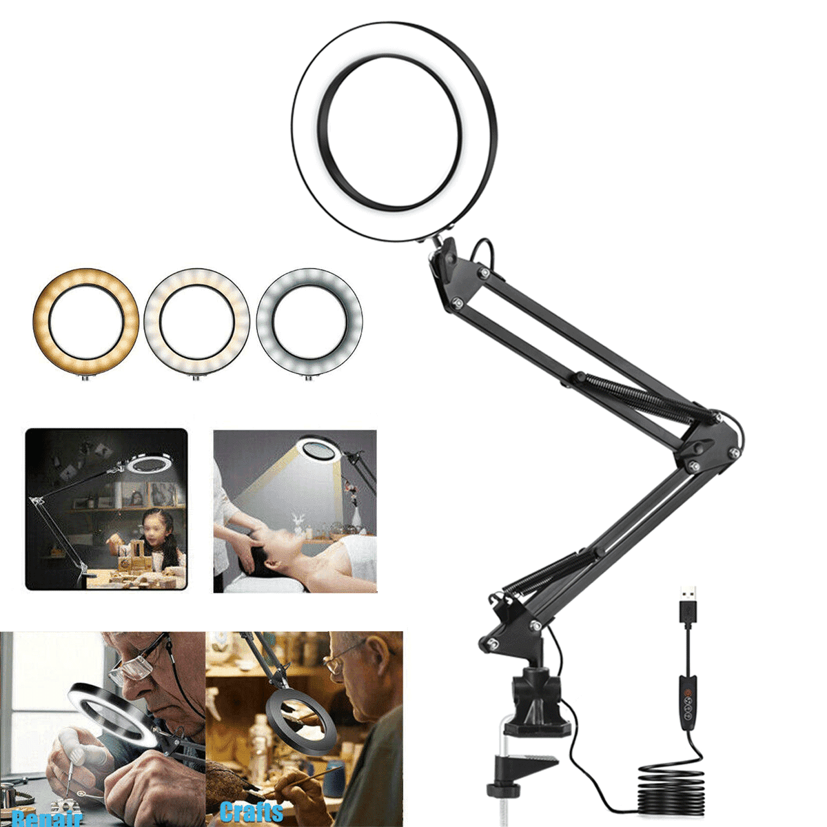 Task Lamp With Magnifier Clamp Reading Magnifying Glass Workbench Ultra Bright 