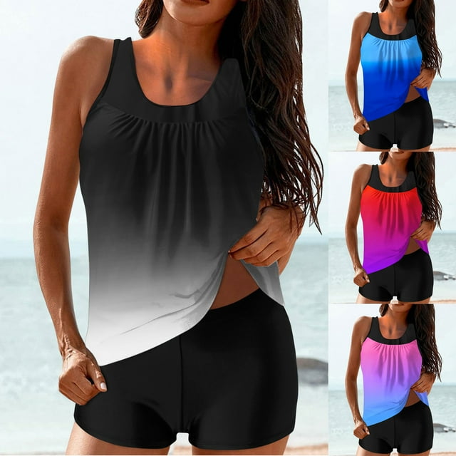 UPPADA Maillots de Bain 2 Pcs à Couverture Complète pour Femmes, Floral, Athlétique, Col Ras du Cou, Maillots de Bain Taille Haute, Contrôle du Ventre, Maillot de Bain Modeste, Haut de Tankini Confortable avec Short, Maillots de Bain Vintage, Noir, m
