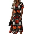 thumbnail image 2 of Womens Halloween Dress Bat Short Sleeve Witch Hat Vintage Wedding Guest Dresses Pumpkin V Neck Casual Wrap Dress L, 2 of 5