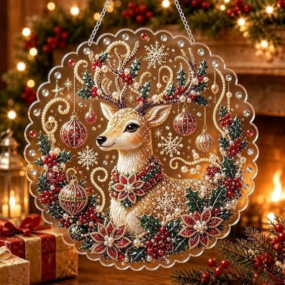Clearance Christmas Ornaments DIY Diamond Art Kits for Adults, Reindeer Hanging Pearl Art Kits Ornaments, Diamond Arts Kits for Beginners, Home, Wall, Xmas Tree(B)