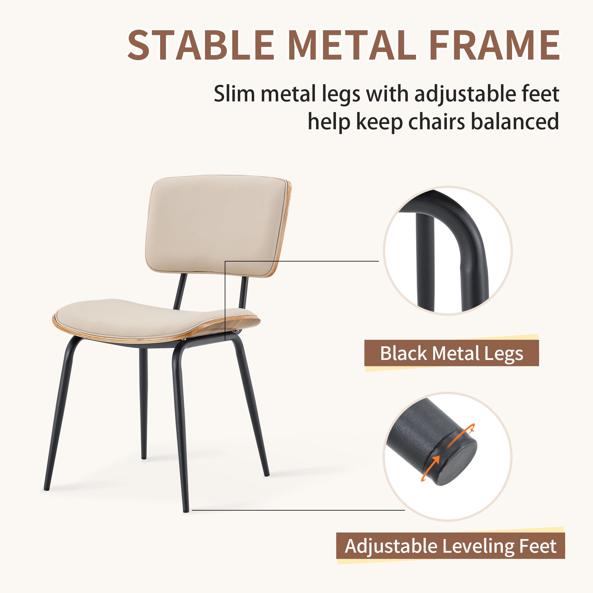 Leumius Dining Chairs Set of 2, Premium Faux Leather Upholstered Dining Room Chairs, High-Resilience Sponge Cushion, Sticker Craft Backrest, Metal Legs with Spray Coating Finish for Dining Room White