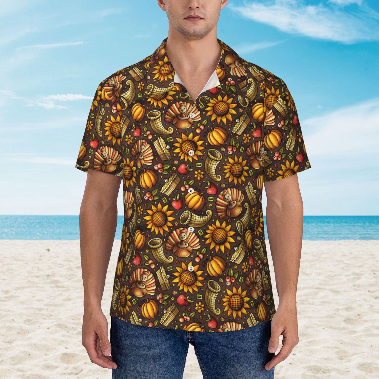 Logiee Chrysanthemum turkey Print Mens Hawaiian Shirts,Loose-Fit Short Sleeve Button Down Tropical Aloha Beach Shirt,Summer Vacation Wedding Tops,Medium
