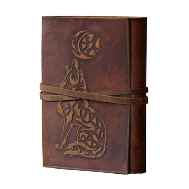 Wolf Embossed Leather Journal – Handmade Writing Notebook with Blank Paper, Sketchbook Gift for Men & Women, 7x5"