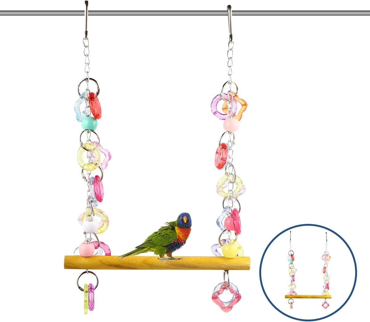 Pet Bird Swing Hanging Chewing Toy Wooden Parrot Stand for Cage and Garden
