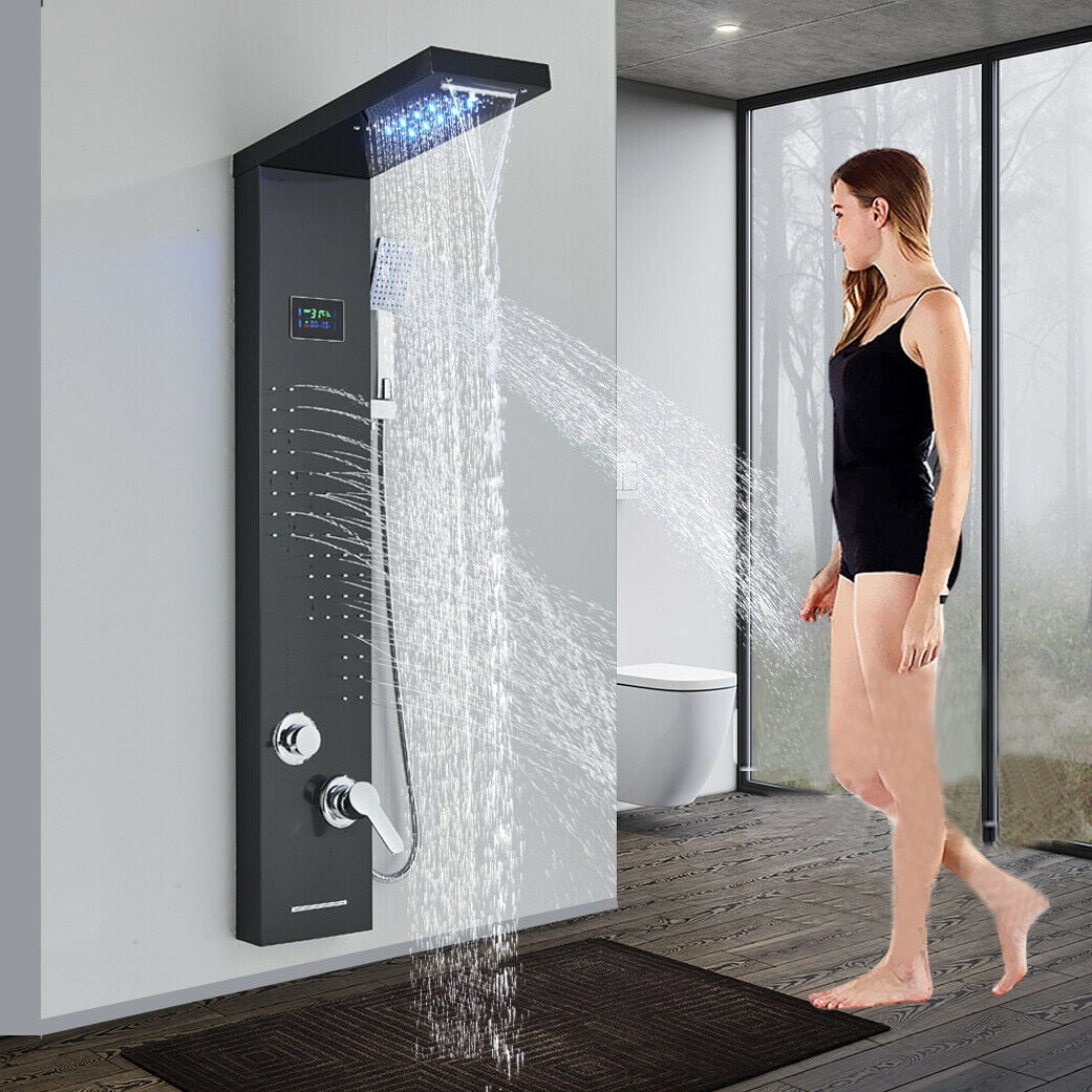 Black LED Shower Panel Tower System Rain&Waterfall Massage Jets Stainless Steel
