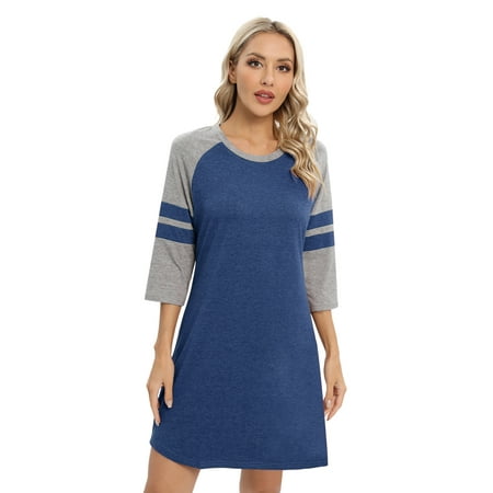 

Baywell Nightgowns for Women Sleepshirt Raglan 3/4 Sleeve Pajama Shirt Soft Sleep Dress Striped Loungewear Nightshirt Blue S-2XL