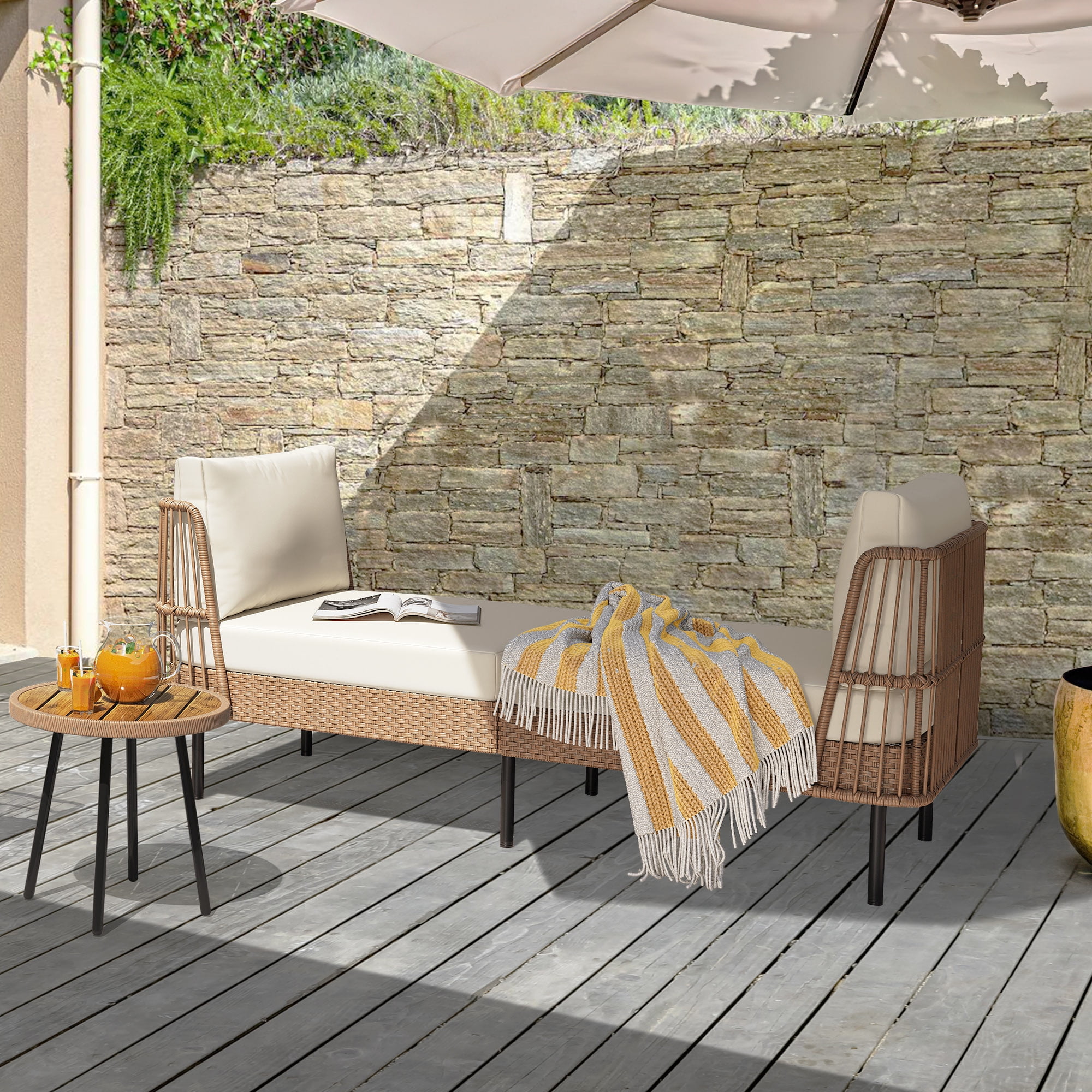 Dextrus Outdoor Daybed 74in Wicker Patio Sofa Bed With Thickness Cushion Indoor Bed Lounger for Balcony Garden Deck Lawn - Beige