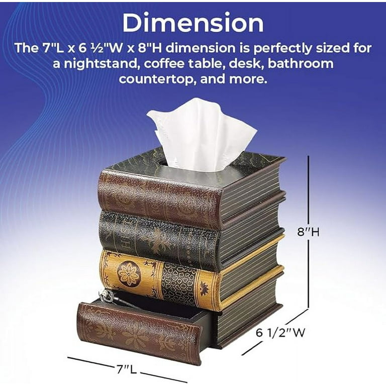 Wooden Antique Book Tissue Box Cover - Vintage Style Rectangular Napkin Holder For Home, Office, Or Car