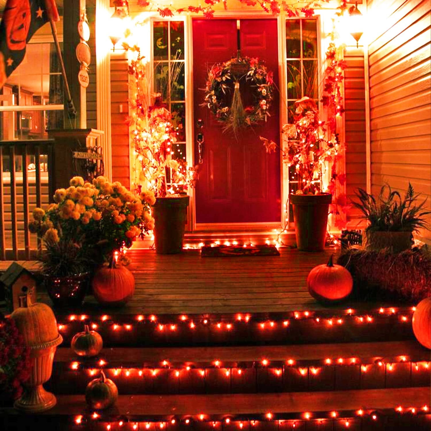 JMEXSUSS 600 LED Thanksgiving Lights Outdoor, 8 Modes Orange Christmas Lights Plug in, Orange String Lights Clear Wire for Fireplace, House, Yard, Halloween Christmas Thanksgiving Decorations
