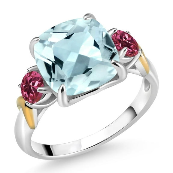 Gem Stone King 925 Silver and 10K Yellow Gold Sky Blue Simulated Aquamarine and Pink Tourmaline 3 Stone Ring for Women (4.30 Cttw, Gemstone Birthstone, Cushion 10MM, Round 4MM, Size 9)