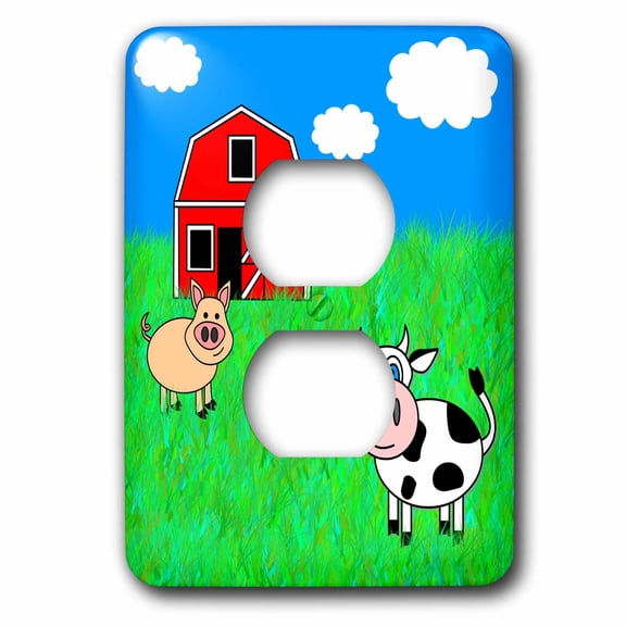 3dRose, On the Farm – Cow, Pig and Barn, 2 plug outlet cover