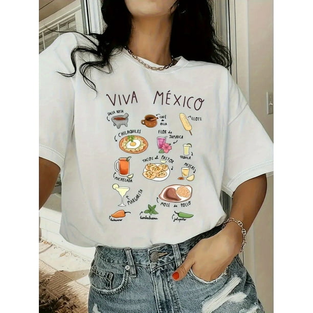 T-Shirt - Vibrant Mexican Food & Drink Print, Loose Fit Crew Neck Short Sleeve, All-Season Comfort, Sizes S-3XL, Festive Attire, Comfortable Fit, Everyday Outfit, Breathable Material, Printed Tee