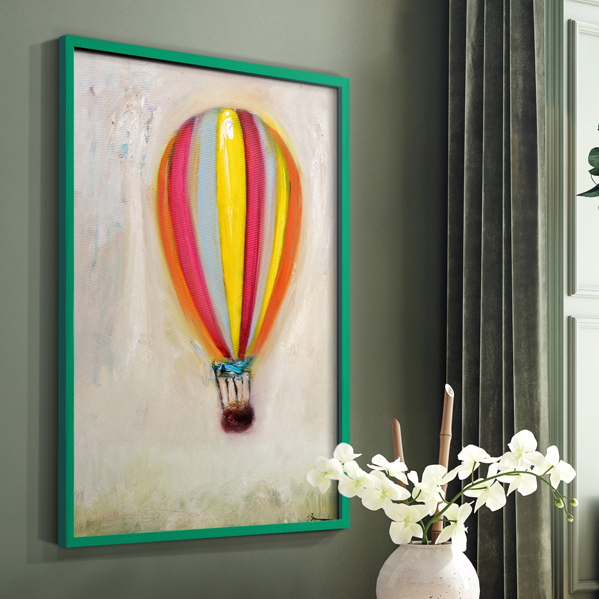 Lucky Hot Air Balloon Framed Print in Green Solid Wood Framed Print No Nail Hanging