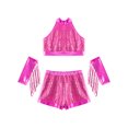 thumbnail image 3 of inlzdz Kids Girls Jazz Latin Dance Outfits Sequin Halter Crop Tops with Shorts Tassel Gloves Dancewear Hot Pink 8, 3 of 7