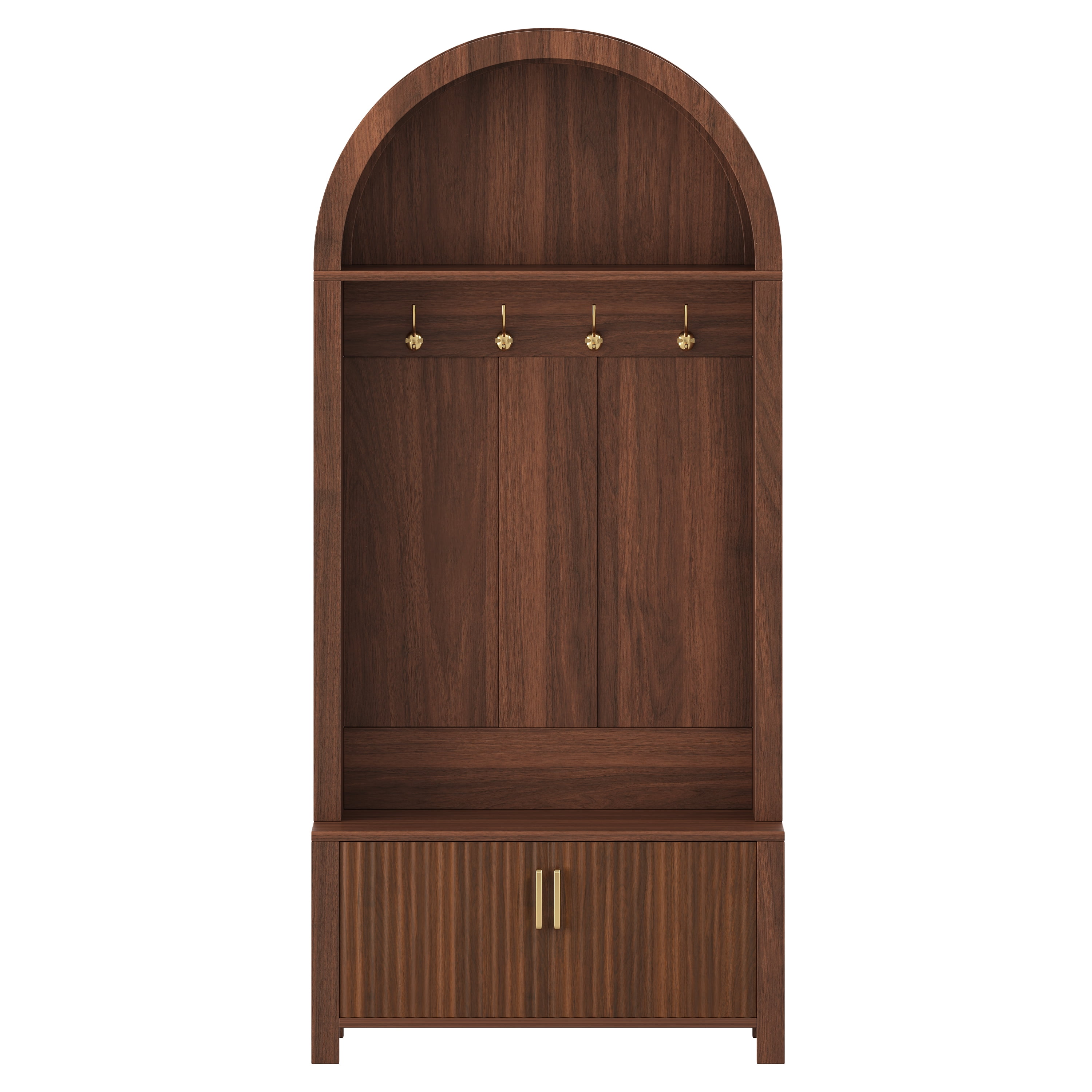 Aukfa 70.3" Arched Hall Tree with Bench and Shoe Storage Cabinet, 4 Hooks, Walnut