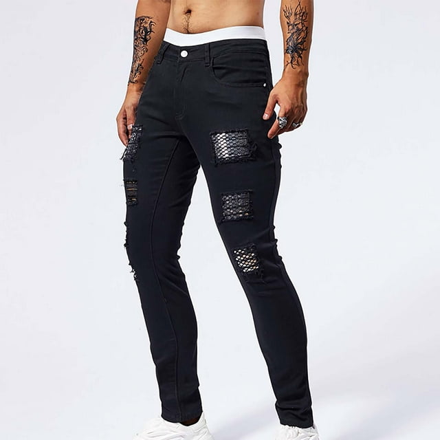 Pantalones largos para hombre, casuales, de moda, con parche perforado, bolsillo de lentejuelas brillantes, color sólido, elásticos, ajustados, pantalones de mezclilla de pierna pequeña, pantalones pa