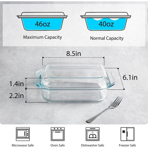 1.4QT Glass Casserole Dish with Lid, Rectangular Oven Safe Dish for 1-2 Servings