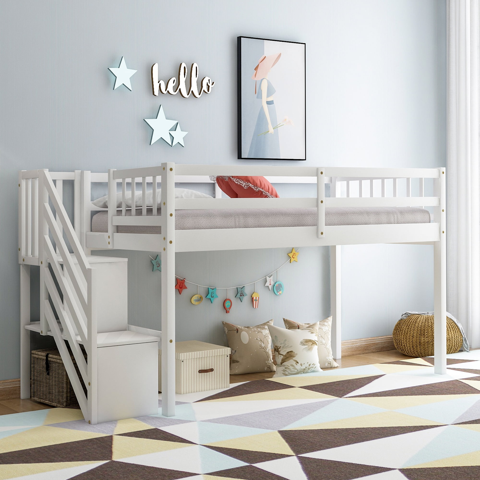 Euroco Wood Twin Loft Bed With Stairs, White Twin Bunk Beds With Stairs