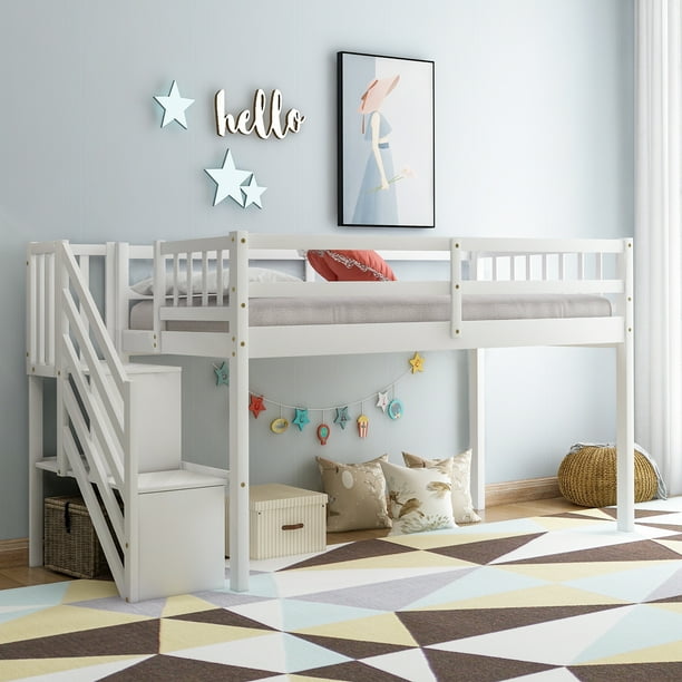 Euroco Wood Twin Loft Bed with Stairs, Guard Rail and Storage Shelf for