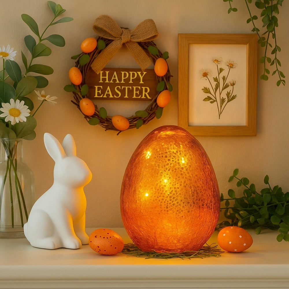 6 Inch LED Lighted Easter Egg Decor, Crackle Glass Illuminated Egg with Warm White Fairy Lights, Battery Operated Spring Table Centerpiece, Gold