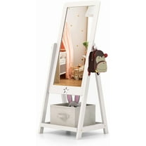 Freestanding Kids Mirror, Non-Glass Shatterproof Toddler Dressing Mirror with Storage Box for Shoes & Accessories, View Adjustable Kids Mirror Full Length for Girls (White)