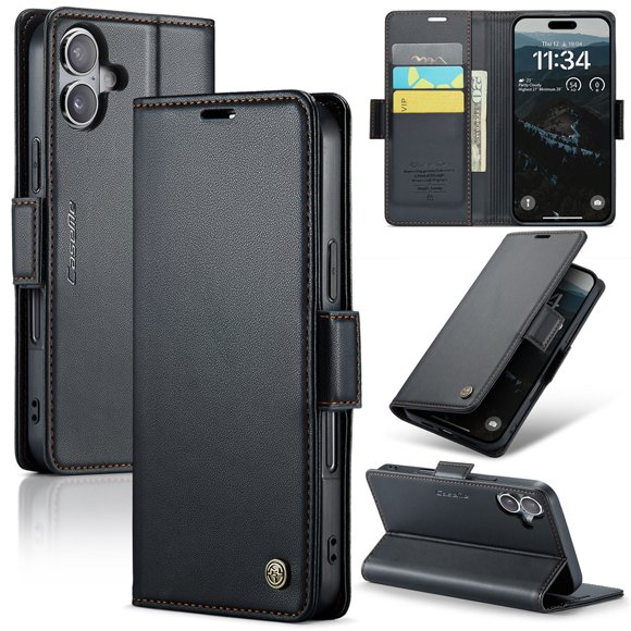 CaseMe Leather For iPhone 17 Wallet Case with RFID Blocking, For iPhone 17 Case Wallet for Women Men Card Holder Magnetic Clasp Kickstand Folio Case for iPhone 17,Black,For iPhone 17